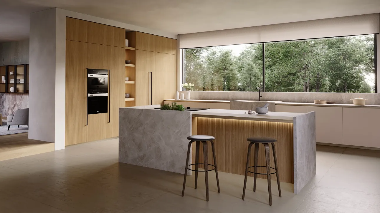 Cucina Design con isola K105 01 in laccato e rovere di Zecchinon Cucine