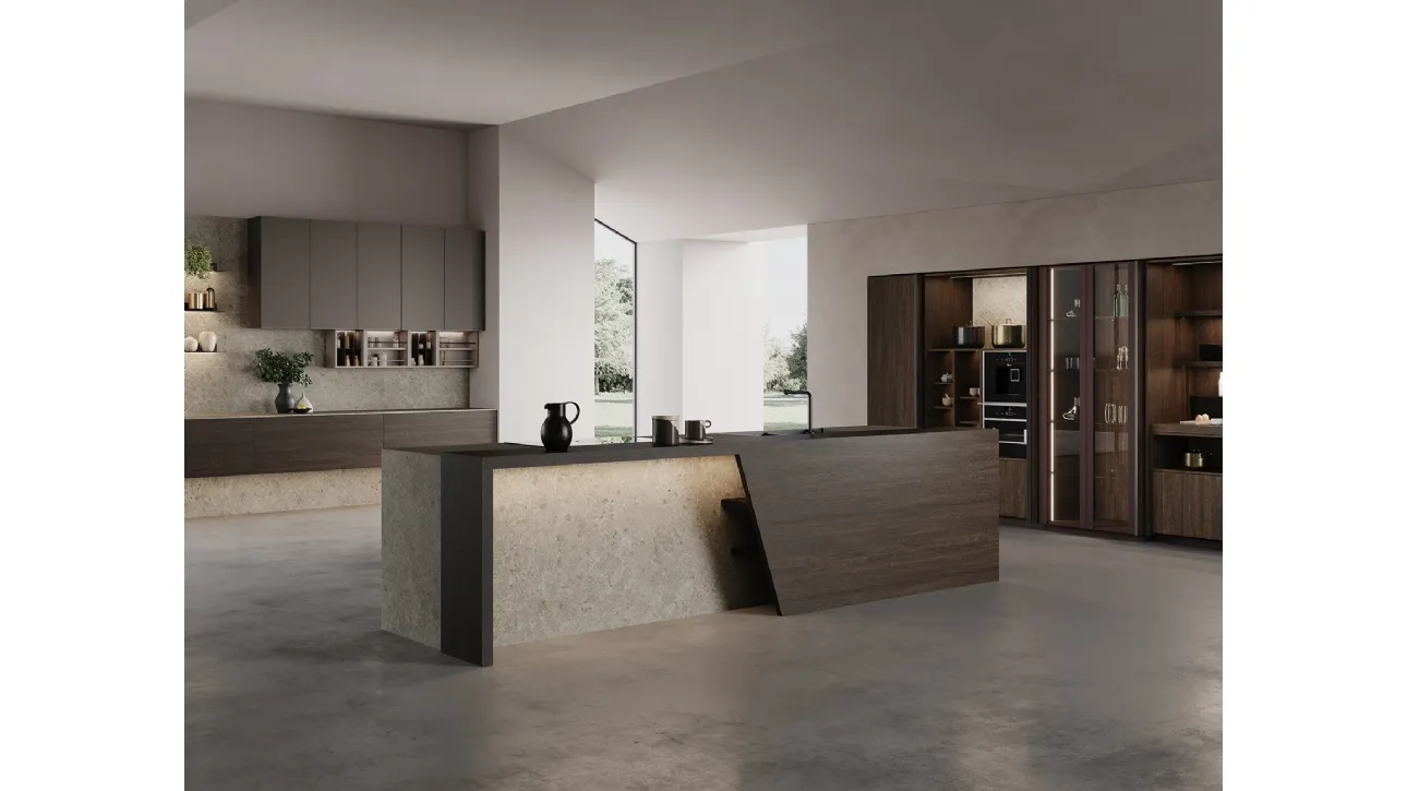 Cucina Design con isola K105 03 in melaminico Quercia e MDI di Zecchinon Cucine