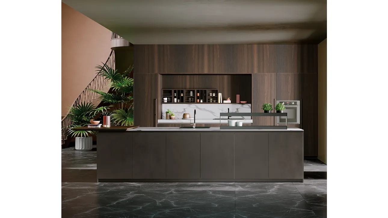 Cucina Design con isola K105 04 in Rovere e finitura metallo liquido di Zecchinon Cucine