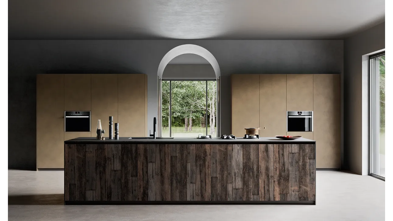 Cucina Design con isola K105 05 in legno antico di Abete di Zecchinon Cucine