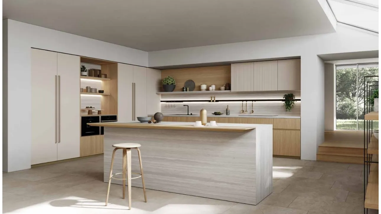 Cucina Design angolare in Rovere con isola in laminam Travertino Kelly 01 di Zecchinon Cucine