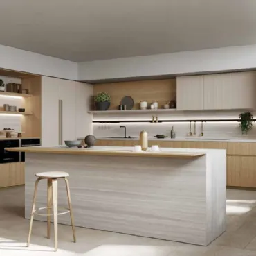 Cucina Design angolare in Rovere con isola in laminam Travertino Kelly 01 di Zecchinon Cucine