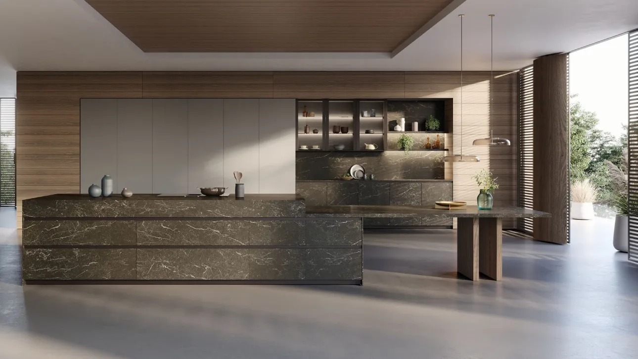 Cucina Design con isola T70 01 in Pietra di Cardoso nero fiammato di Zecchinon Cucine