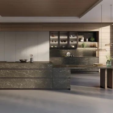 Cucina Design con isola T70 01 in Pietra di Cardoso nero fiammato di Zecchinon Cucine