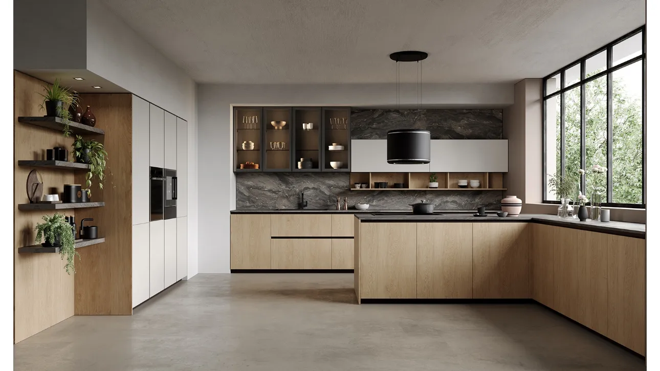 Cucina Design con penisola Tiffany 04 in rovere fiammato di Zecchinon Cucine